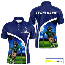 Load image into Gallery viewer, Blue polo shirt with raccoon character and customizable text on a white background