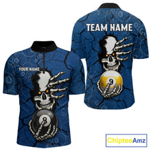 Load image into Gallery viewer, Cracked Blue Skeleton 8 Ball &amp; 9 Ball Billiard Shirt For Men Custom Pool Billiard Polo &amp; 1/4 Zip Jersey NYN3144