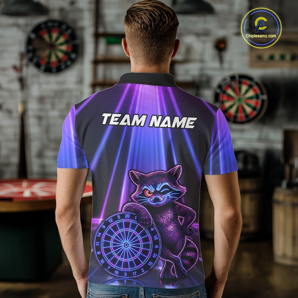 Male model wearing Neon Funny Raccoon dart polo during competition, cartoon dart jersey, athletic lifestyle