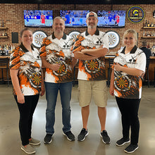 Load image into Gallery viewer, Custom Orange Grunge Eagle Scratch Dartboard Women Darts Quarter-Zip Shirts Dart Team Jerseys NYN2271