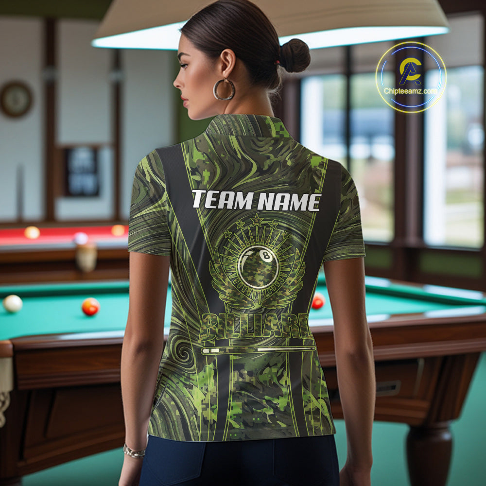 Green Camo 8 Ball Billiard Polo & 1/4 Zip Shirt For Women Custom Pool Team Shirt, Billiard Clothes NYN2941