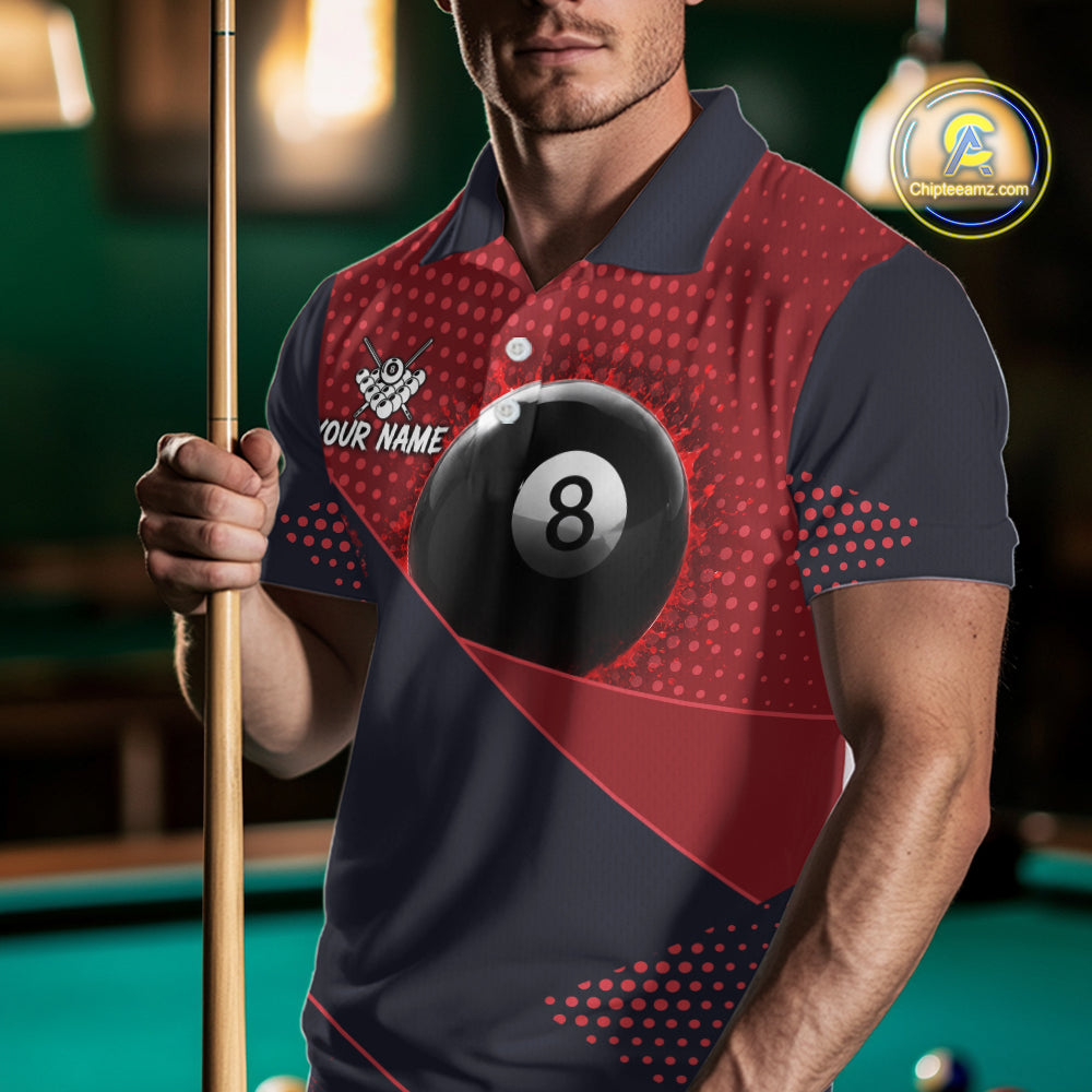 Male Pool Player Wearing Red Splash 8 Ball Billiard Shirt, Custom Pool League Jersey, Team Apparel
