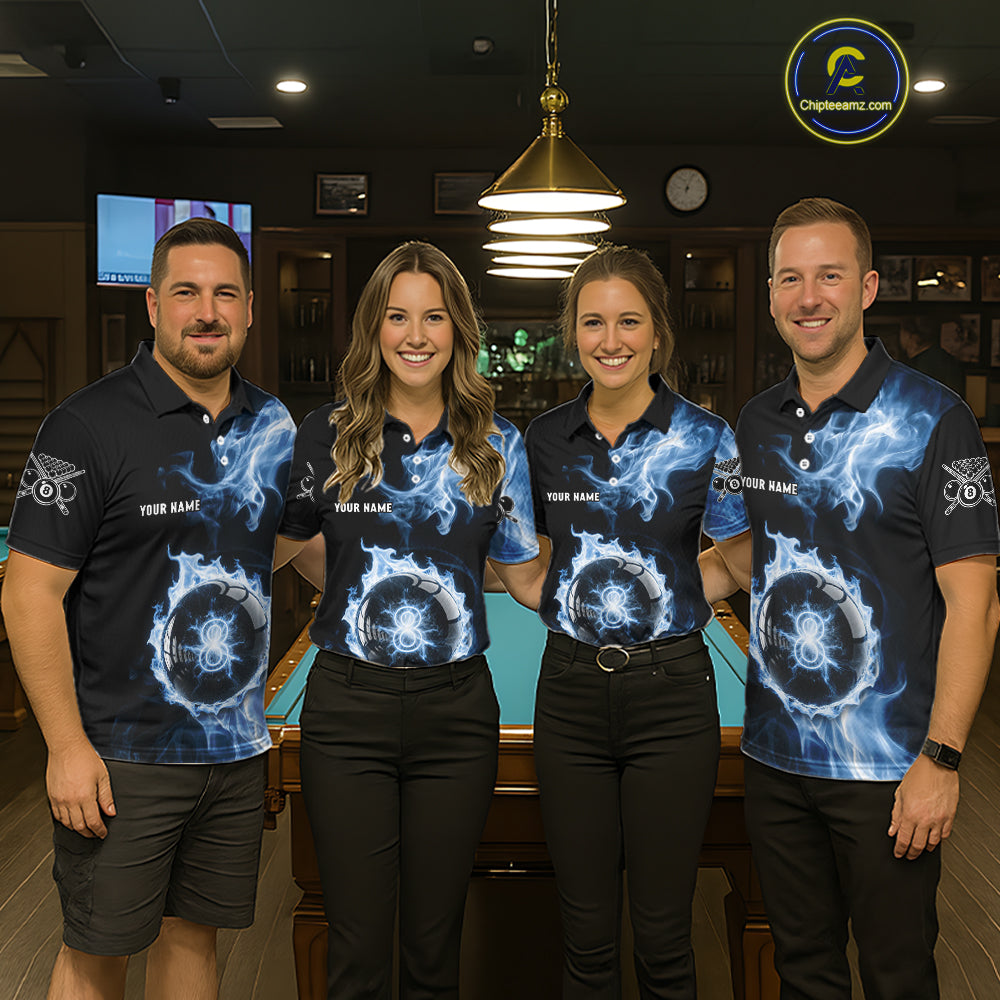 Blue Flaming Pool Billiard Shirts For Men Custom Light Ball 8 Billiard Team Jerseys NYN2300