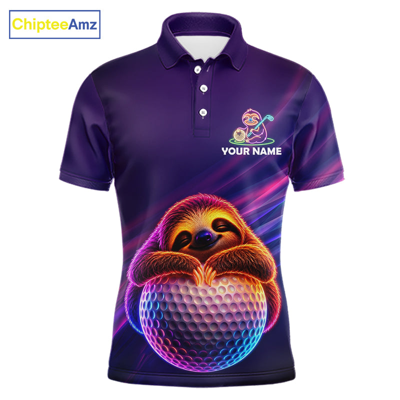 Men's funny golf polo featuring cute sloth with glowing purple neon artwork, personalized golf apparel for golf gifts, men's golf leagues, casual golfers and animal lovers, representing relaxation, humor and positive energy.