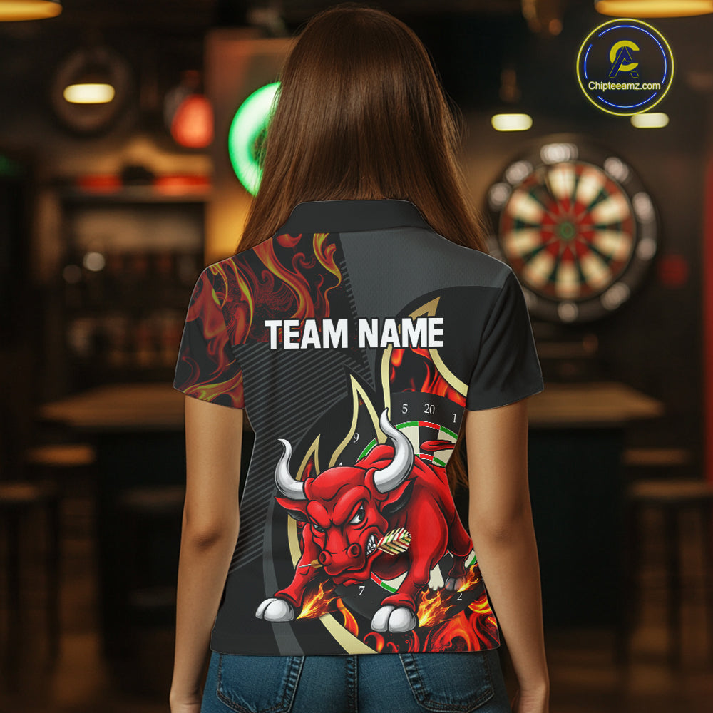 DartsPersonalized Bull Red Flames Darts Polo & 1/4-Zip Shirt For Women Funny Dart Team Dart Jerseys NYN2962