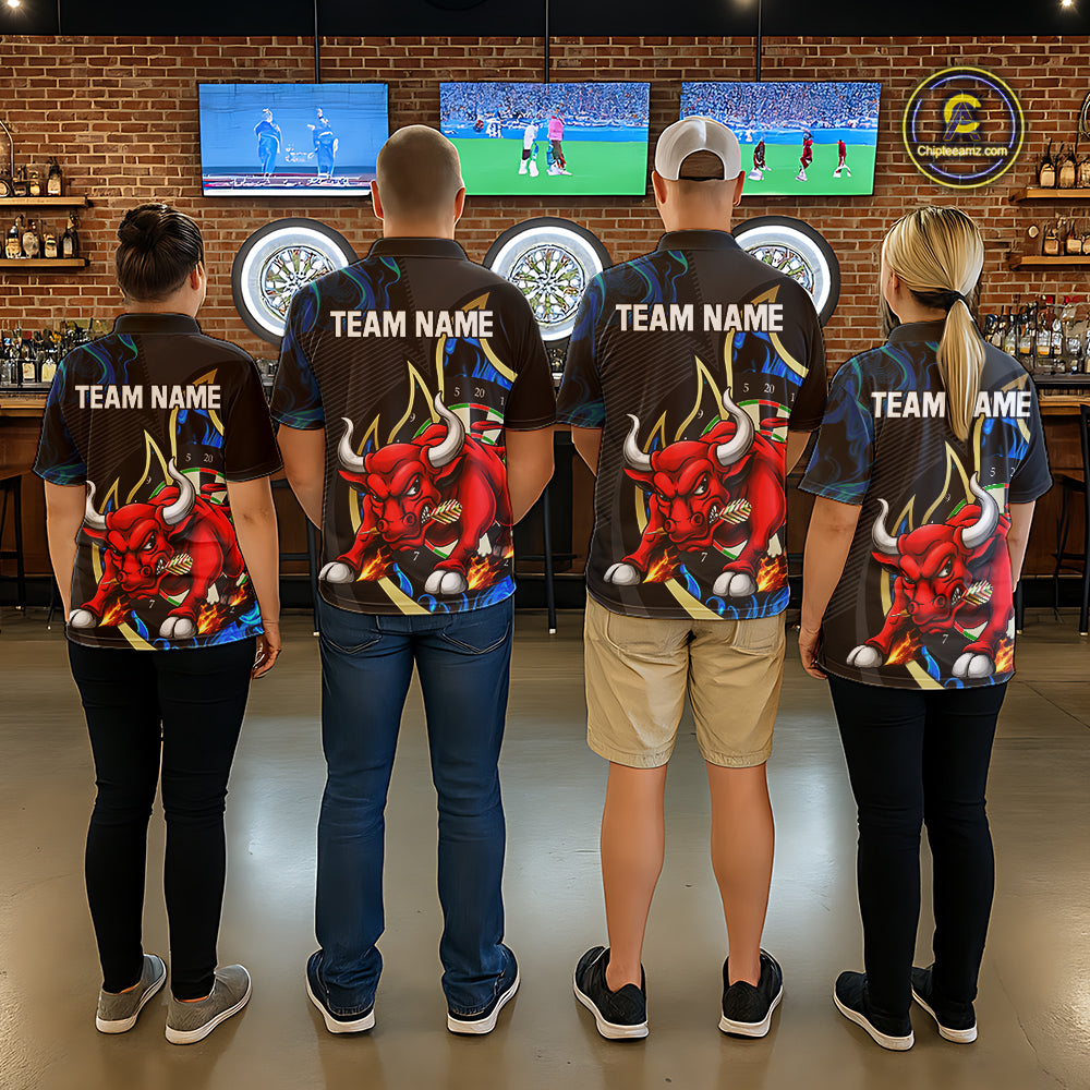 Personalized Bull Blue Flames Darts Polo & 1/4-Zip Shirt For Men Funny Dart Team Dart Jerseys NYN2963