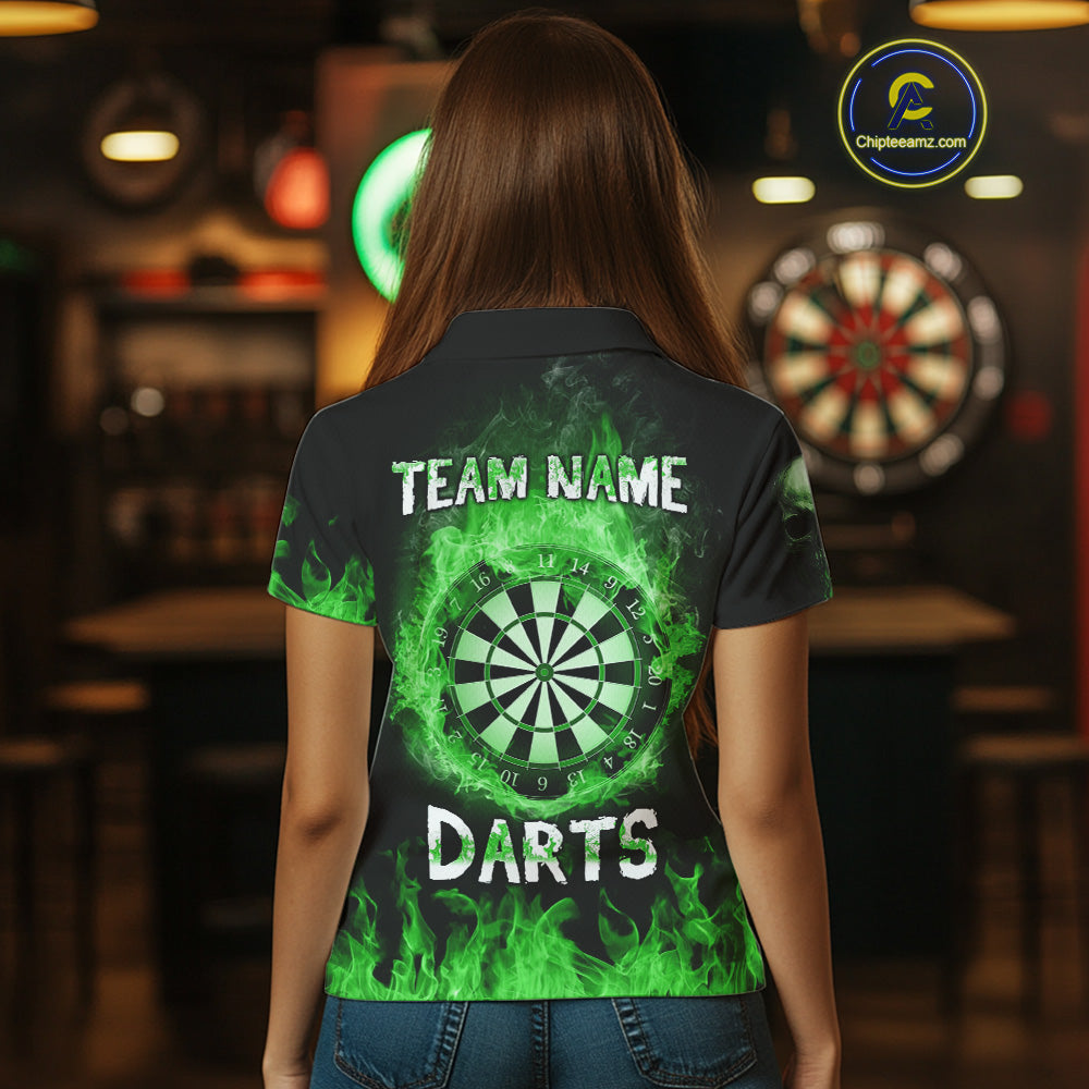 Custom Green Fire Skull Multi-Flame Dartboard Dart Women Polo Shirts, Dart Team Jerseys NYN1555