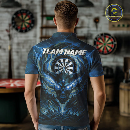 Lightning Blue & Grey Dragon Skull Dartboard Custom Men Darts Polo Shirt, Dart Jerseys NYN1808