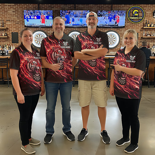 Red Flaming Tiger Funny Darts Custom Women's Dart Quarter-Zip Shirts Team Dart League Jerseys NYN2078
