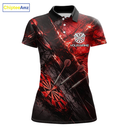 Personalized Black & Red Grunge Dartboard & Arrow Women Darts Polo Shirt Custom Dart Team Jersey NYN2618