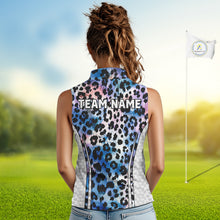 Load image into Gallery viewer, Womens Golf Sleeveless Polo Shirt Custom Neon Blue Leopard Pattern Golf Shirts ,Best Womens Golf Shirts NYN3391