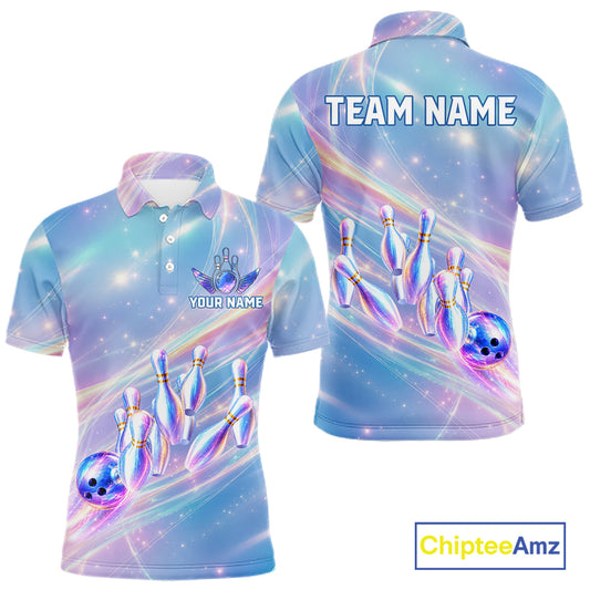 Men's bowling polo featuring holographic rainbow galaxy bowling ball and pins, personalized performance bowling apparel for galaxy art lovers, bowling leagues, tournaments and premium custom team uniforms, symbolizing imagination, innovation and limitless potential.