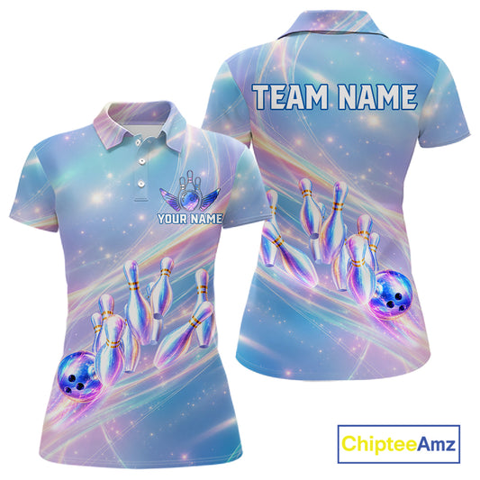 Holographic Bowling Ball & Pins Shirt For Women Custom Rainbow Galaxy Polo Quarter-Zip Bowling Jersey NYN3675