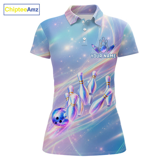 Holographic Bowling Ball & Pins Shirt For Women Custom Rainbow Galaxy Polo Quarter-Zip Bowling Jersey NYN3675