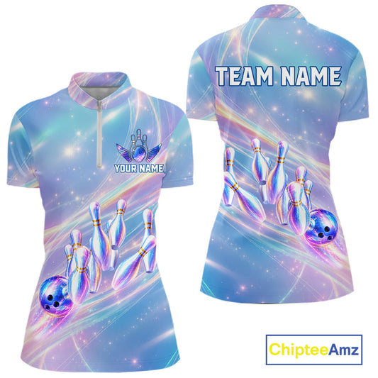 Holographic Bowling Ball & Pins Shirt For Women Custom Rainbow Galaxy Polo Quarter-Zip Bowling Jersey NYN3675