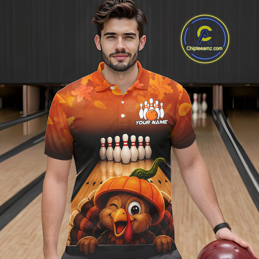 Personalized Funny Turkey Autumn Bowling Shirts For Men Thanksgiving Bowling Team Polo 1/4-Zip Shirt NYN3931