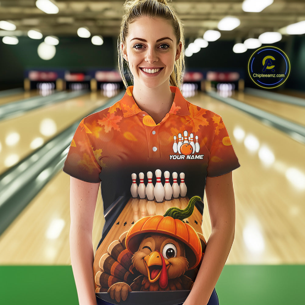Personalized Funny Turkey Autumn Bowling Shirts For Women Thanksgiving Bowling Team Polo 1/4-Zip Shirt NYN3931