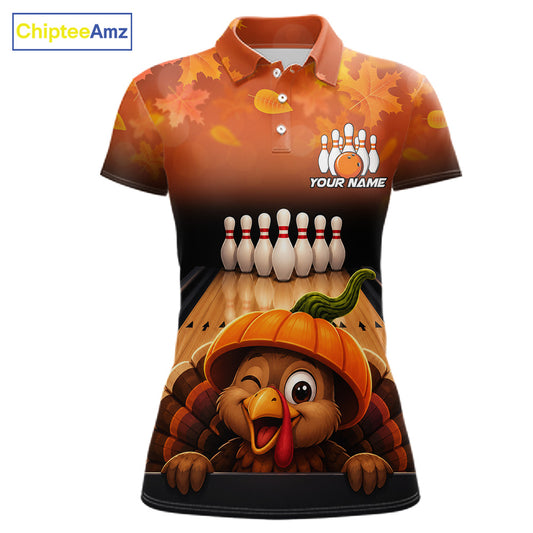 Personalized Funny Turkey Autumn Bowling Shirts For Women Thanksgiving Bowling Team Polo 1/4-Zip Shirt NYN3931