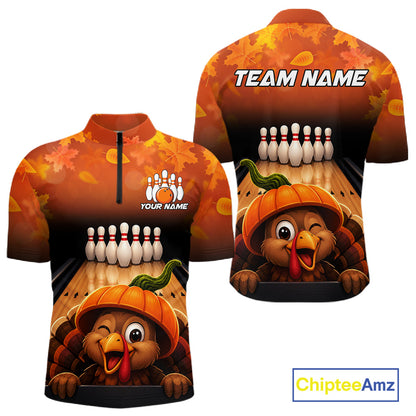 Personalized Funny Turkey Autumn Bowling Shirts For Men Thanksgiving Bowling Team Polo 1/4-Zip Shirt NYN3931