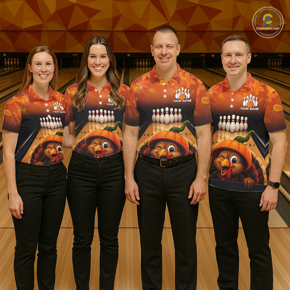 Personalized Funny Turkey Autumn Bowling Shirts For Men Thanksgiving Bowling Team Polo 1/4-Zip Shirt NYN3931