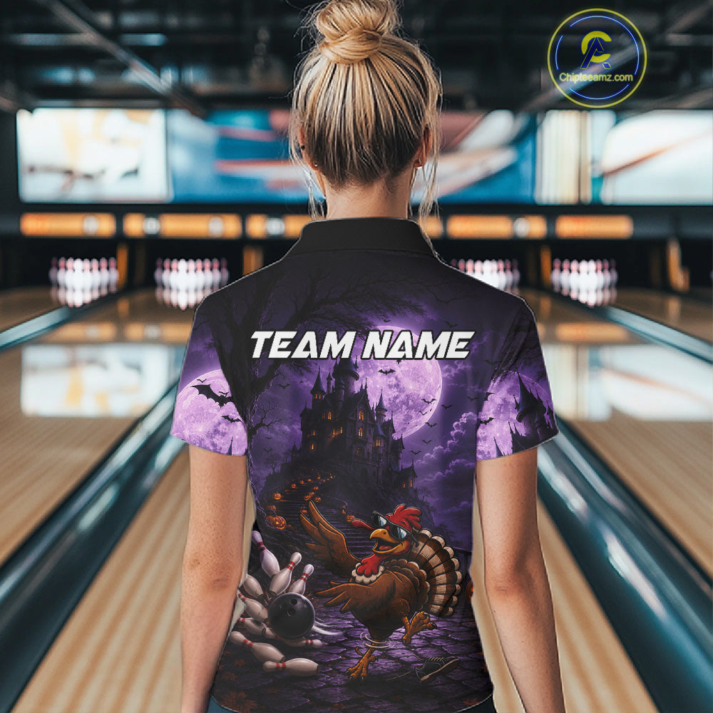 Funny Turkey Autumn Bowling Shirts For Women Custom Thanksgiving Bowling Polo 1/4-Zip Team Uniform NYN3932