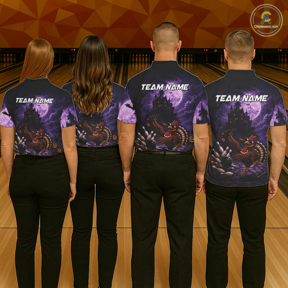 Funny Turkey Autumn Bowling Shirts For Women Custom Thanksgiving Bowling Polo 1/4-Zip Team Uniform NYN3932