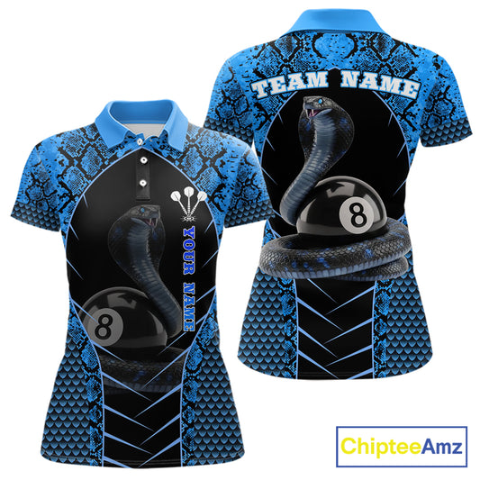 Personalized Cobra Snake Women Billiard Team Shirt Blue 8 Ball Billiard Polo & 1/4 Zip Attire NYN2365