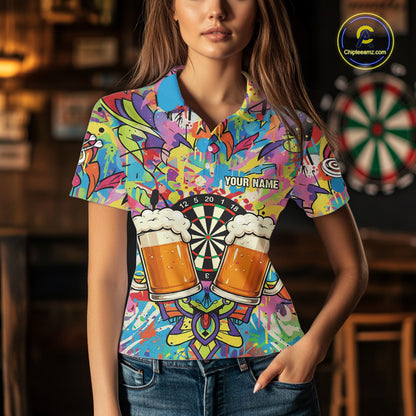 Funny Beers & Dartboard Graffiti Custom Darts Polo Shirt For Women Colorful Dart Jerseys NYN1863