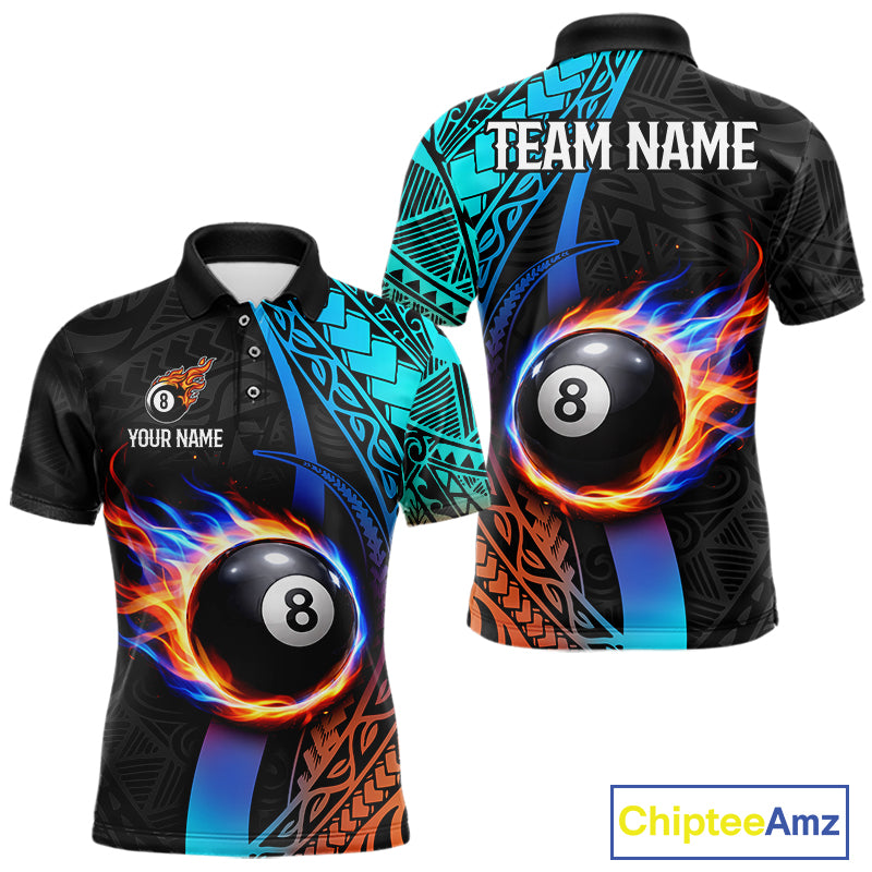 Blue And Red Flaming 8 Ball Billiard Shirt For Men Custom Tribal Pool Polo & 1/4-Zip Team Jersey NYN2987