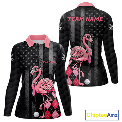 Custom Black Patriotic Golf Polo Shirts For Women, Funny Flamingo Best Golf Clothing Shirts NYN2995