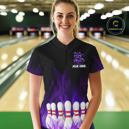 Purple Flames Custom Funny Raccoon Womens Bowling Shirts Bowling Team Shirt For Bowlers NYN3410