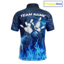 Load image into Gallery viewer, Custom Mens Bowling Thunder Lightning Shirts, Fire Flame Bowling Team Jerseys | Blue NYN3419
