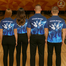 Load image into Gallery viewer, Custom Womens Bowling Thunder Lightning Shirts, Fire Flame Bowling Team Jerseys | Blue NYN3419