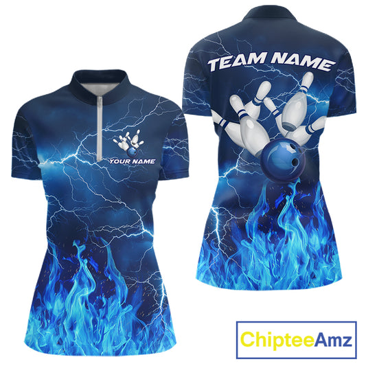 Blue Thunder Lightning Bowling Shirt For Women Fire Flame Bowling Team Jersey