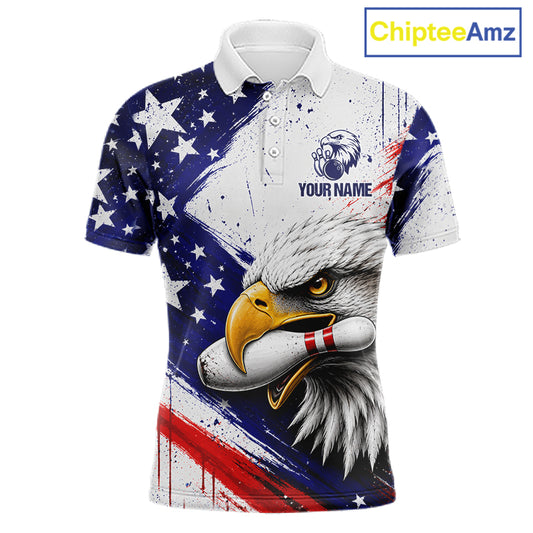 Men's custom bowling polo featuring distressed grunge eagle with bowling ball and pins, personalized performance bowling shirt for USBC tournaments, bowling leagues, patriotic sportswear, eagle lovers, wildlife enthusiasts and outdoor adventurers, symbolizing freedom, leadership, courage, resilience and victory