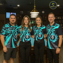Load image into Gallery viewer, Flame 8 Ball &amp; 9 Ball Billiard Pool Shirt For Men Custom Black And Teal Camo Billiard Team Attire NYN3429