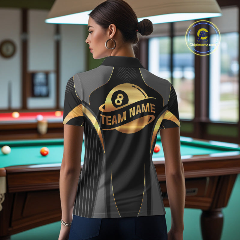 Custom Black And Gold 8 Ball Pool Billiard Shirt For Women Billiard League Polo & 1/4 Zip Jersey NYN3974