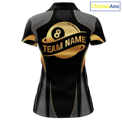Custom Black And Gold 8 Ball Pool Billiard Shirt For Women Billiard League Polo & 1/4 Zip Jersey NYN3974