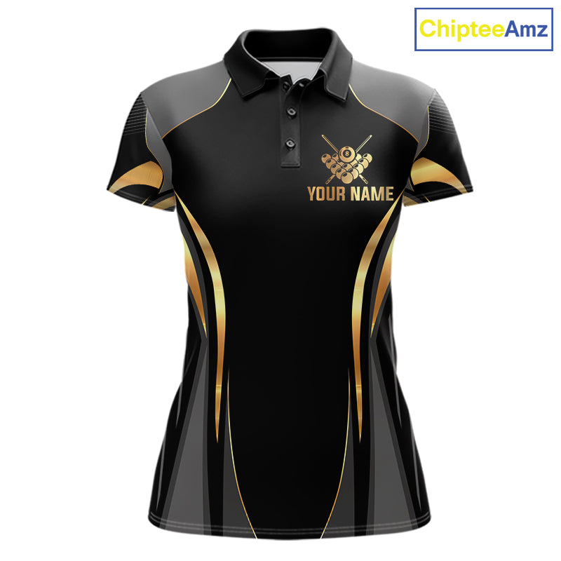 Custom Black And Gold 8 Ball Pool Billiard Shirt For Women Billiard League Polo & 1/4 Zip Jersey NYN3974