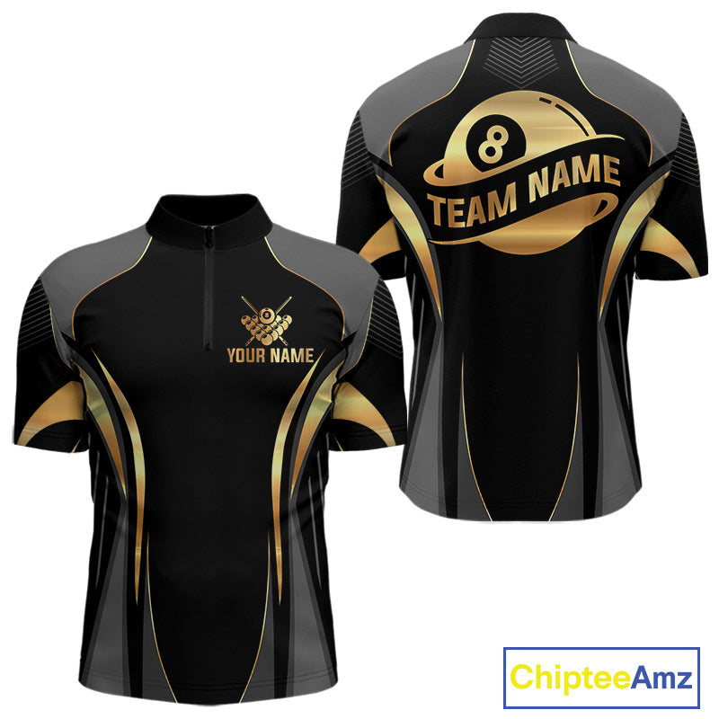 Custom Black And Gold 8 Ball Pool Billiard Shirt For Men Billiard League Polo & 1/4 Zip Jersey NYN3974