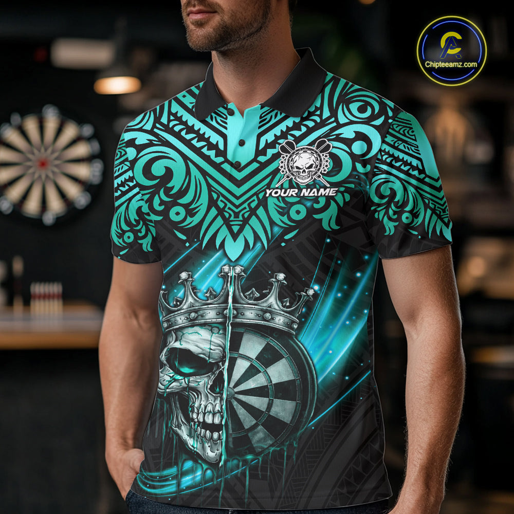Teal Tribal Cracked Crown Skull Dartboard Men Darts Polo Shirt Custom Dart League Shirt NYN2648