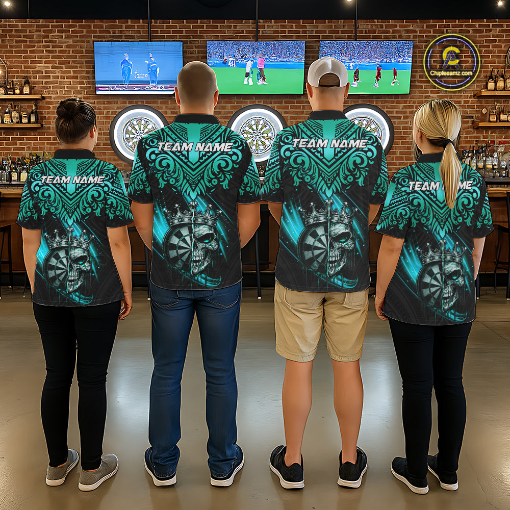 Teal Tribal Cracked Crown Skull Dartboard Men Darts Polo Shirt Custom Dart League Shirt NYN2648