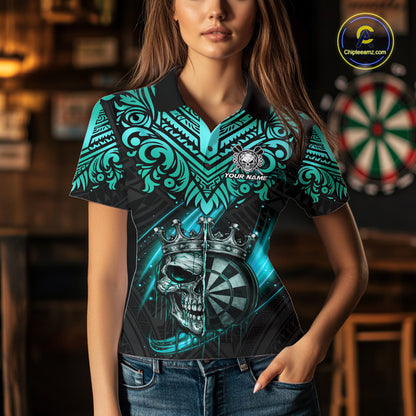 Teal Tribal Cracked Crown Skull Dartboard Women Darts Polo Shirt Custom Dart League Shirt NYN2648