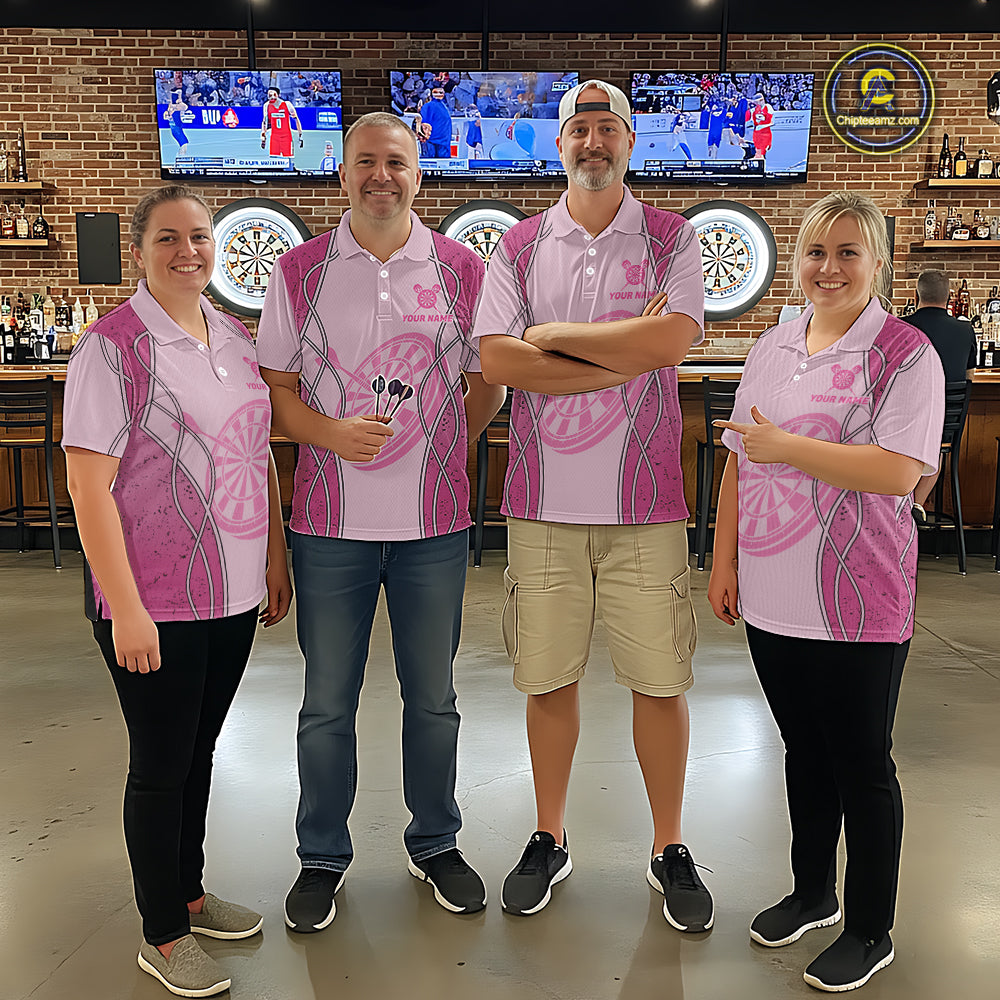 Personalized Grunge Pink Flaming Dartboard Men Darts Polo & 1/4-Zip Shirts Dart Team Jerseys NYN2810