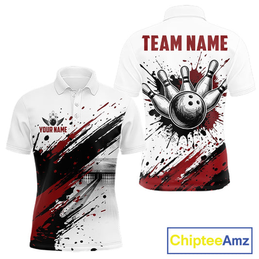 Black and red splatter paint bowling ball and pins shirt for men custom bowling attire