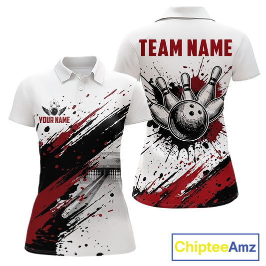 Black and red splatter paint bowling ball and pins shirt for women custom bowling attire