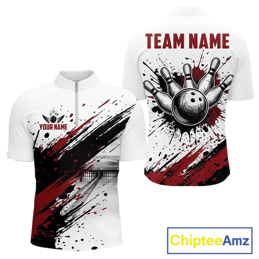 Black and red splatter paint bowling ball and pins shirt for men custom bowling attire