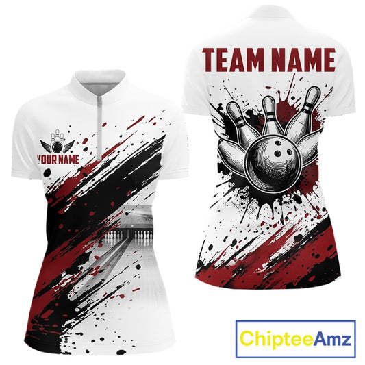 Black and red splatter paint bowling ball and pins shirt for women custom bowling attire