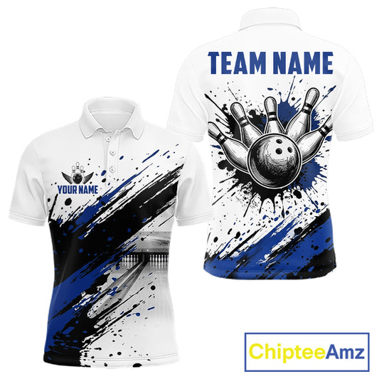 Black and blue splatter paint bowling ball and pins shirt for men custom bowling attire