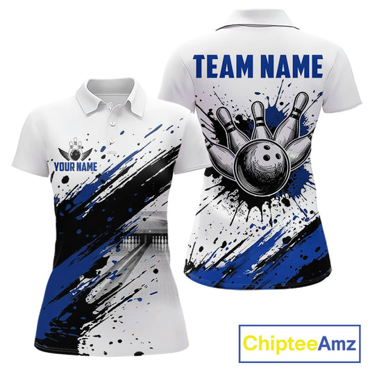 Black and blue splatter paint bowling ball and pins shirt for women custom bowling attire